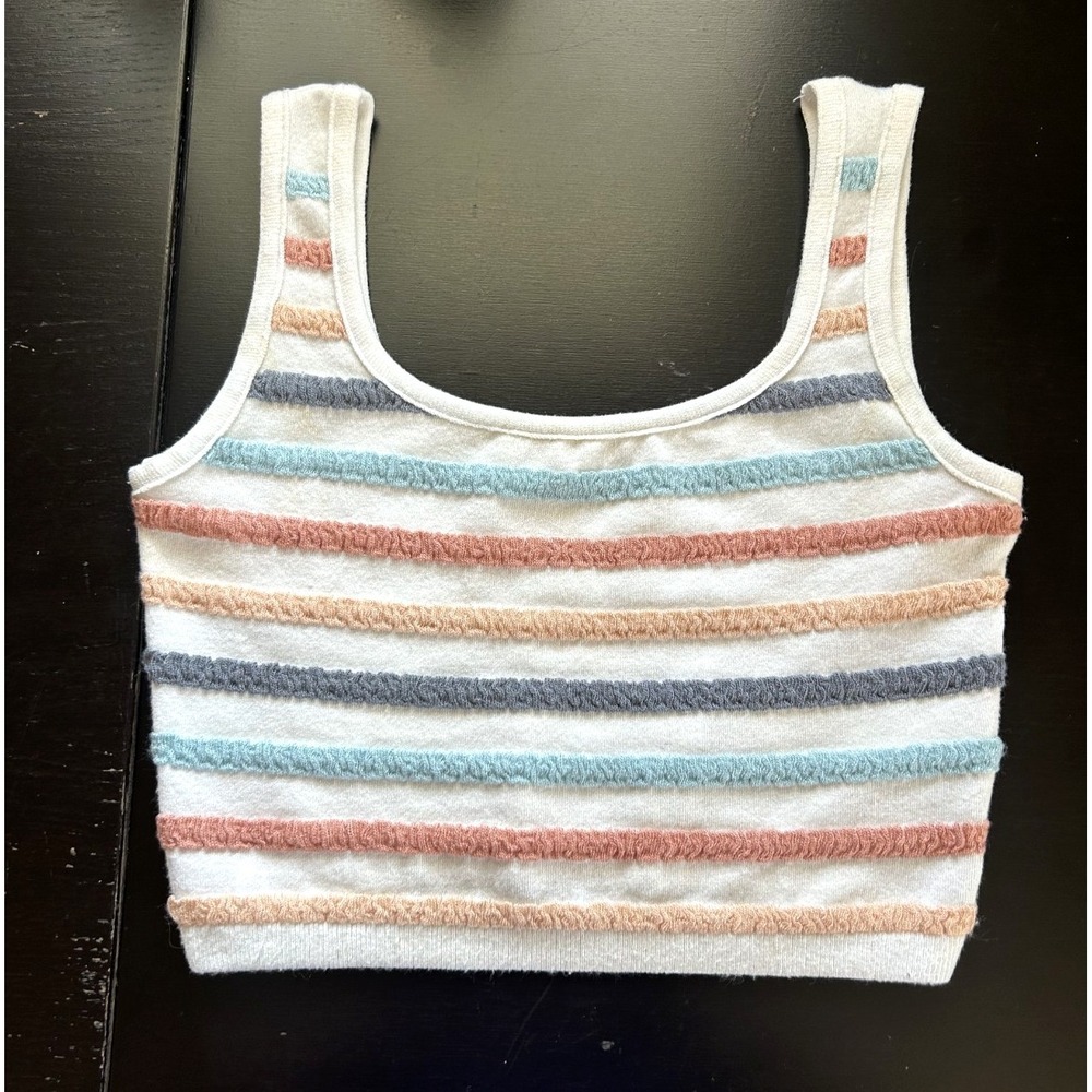 Debut Striped Knit Tank Top Women's S Crop Stretch Blue Orange Yellow Gray White